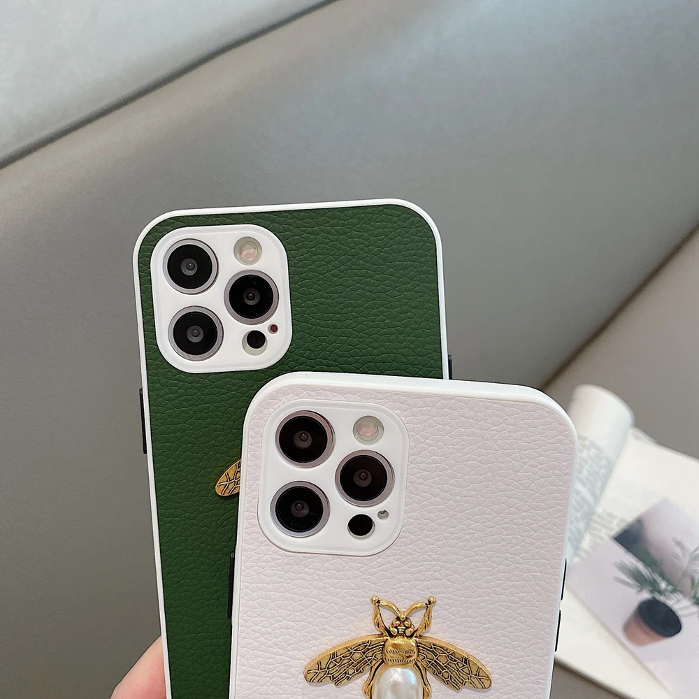

Luxury Pearl Bee Lambskin Leather Phone Case For iPhone 12 11 Pro Max XR XS X 7 8 Plus SE 2 Soft Silicone Shockproof Back Cover