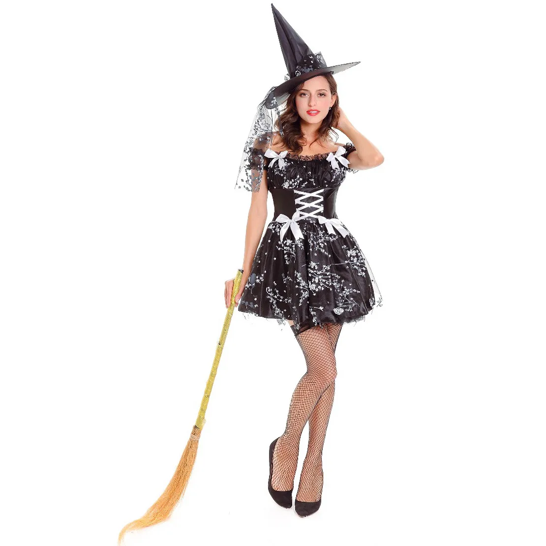 Маскарадный костюм ведьмы для Хэллоуина маскарадный девочек Черный Кружевной