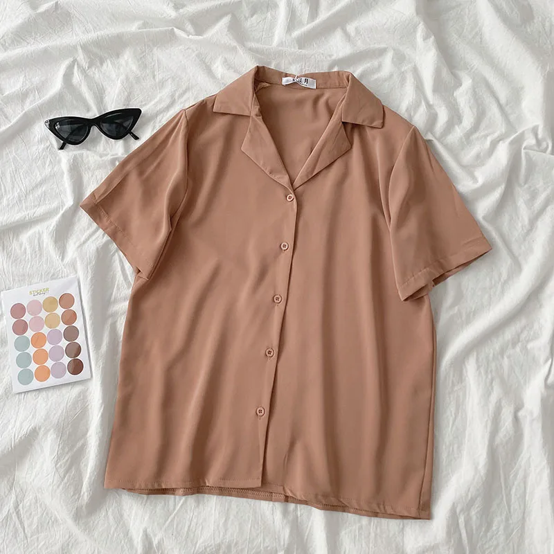 

Женские шифоновые рубашки с коротким рукавом, повседневные однотонные прямые универсальные блузки с отложным воротником, лето 2021