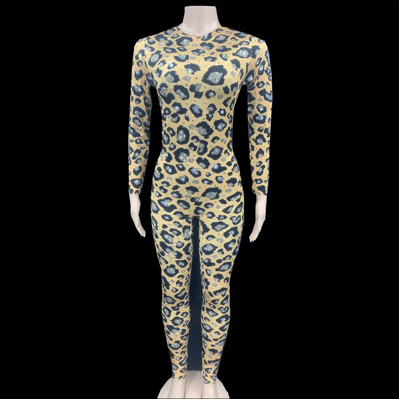 

Shining Silver Rhinestones Leopard Jumpsuit Stretch Party Birthday Rompers Nightclub Outfit Stage Performance Wear Dance Costume