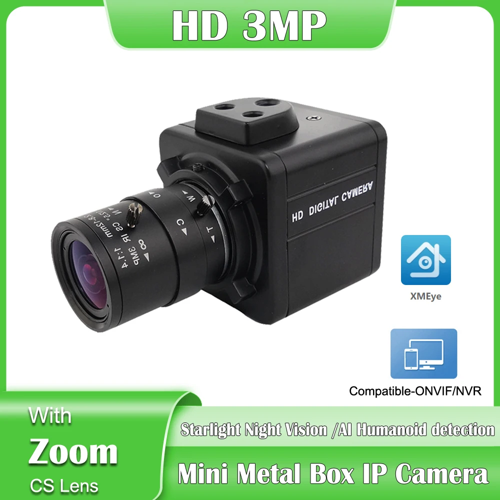 

3MP IP Camera 2.8-12mm Manual Zoom Indoor Metal Box Mini Camera Starlight Night Vision Video Surveillance Cam Compatible-Onvif