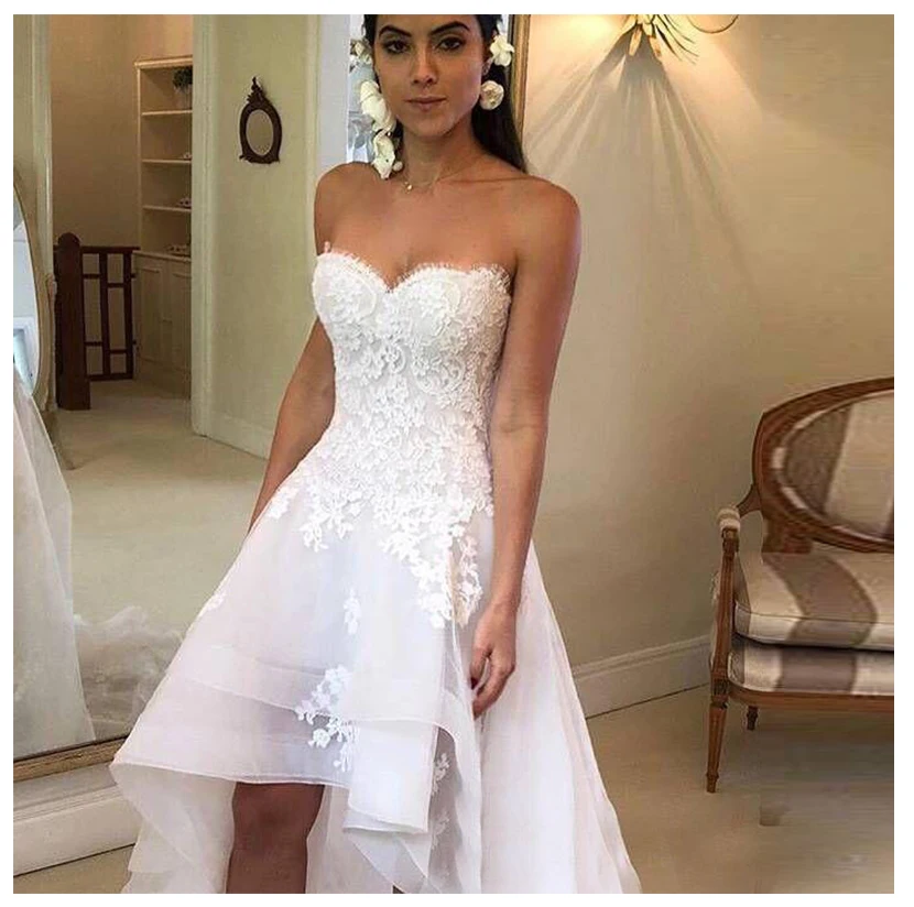 

gy Sweetheart Lace Up Back Front Short Long Back Wedding Gowns White Lace Appliques Hi Low Wedding Dresses robe de mariee
