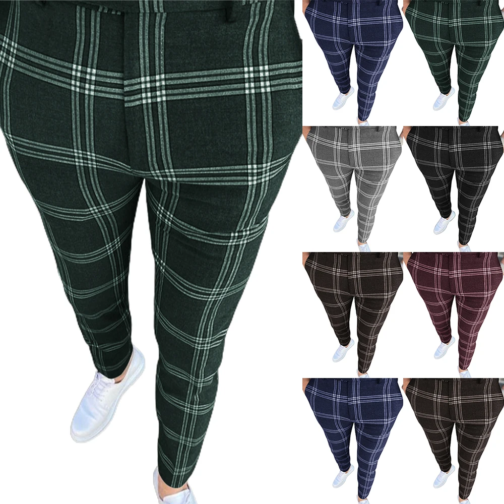 

Male Slim Fit Plaid Stripe Pants Straight Leg Trousers Casual Pencil Pants Men
