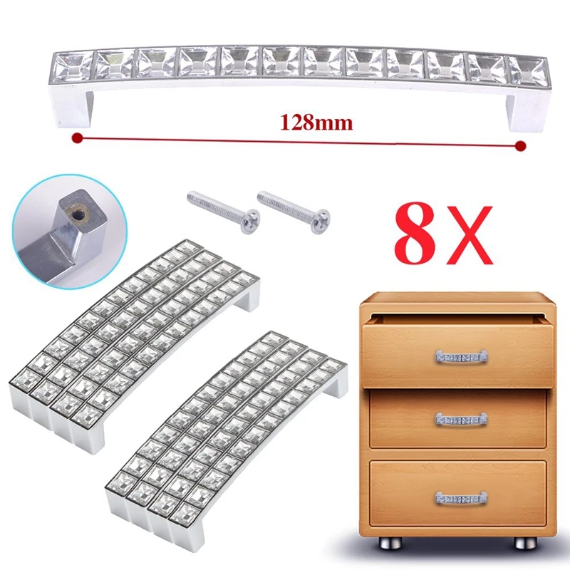 Pack Of 8 Europe Style Square Clear Crystal Rhinestone Furniture Door Wardrobe Cupboard Cabinet Drawer Pull Handle Knobs 128Mm |