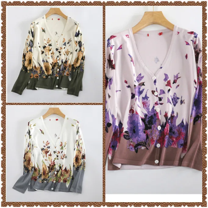 

Summer cool and breathable long-sleeved large size women's shirt V-neck long-sleeved printed knit outer spring and autumn cardig