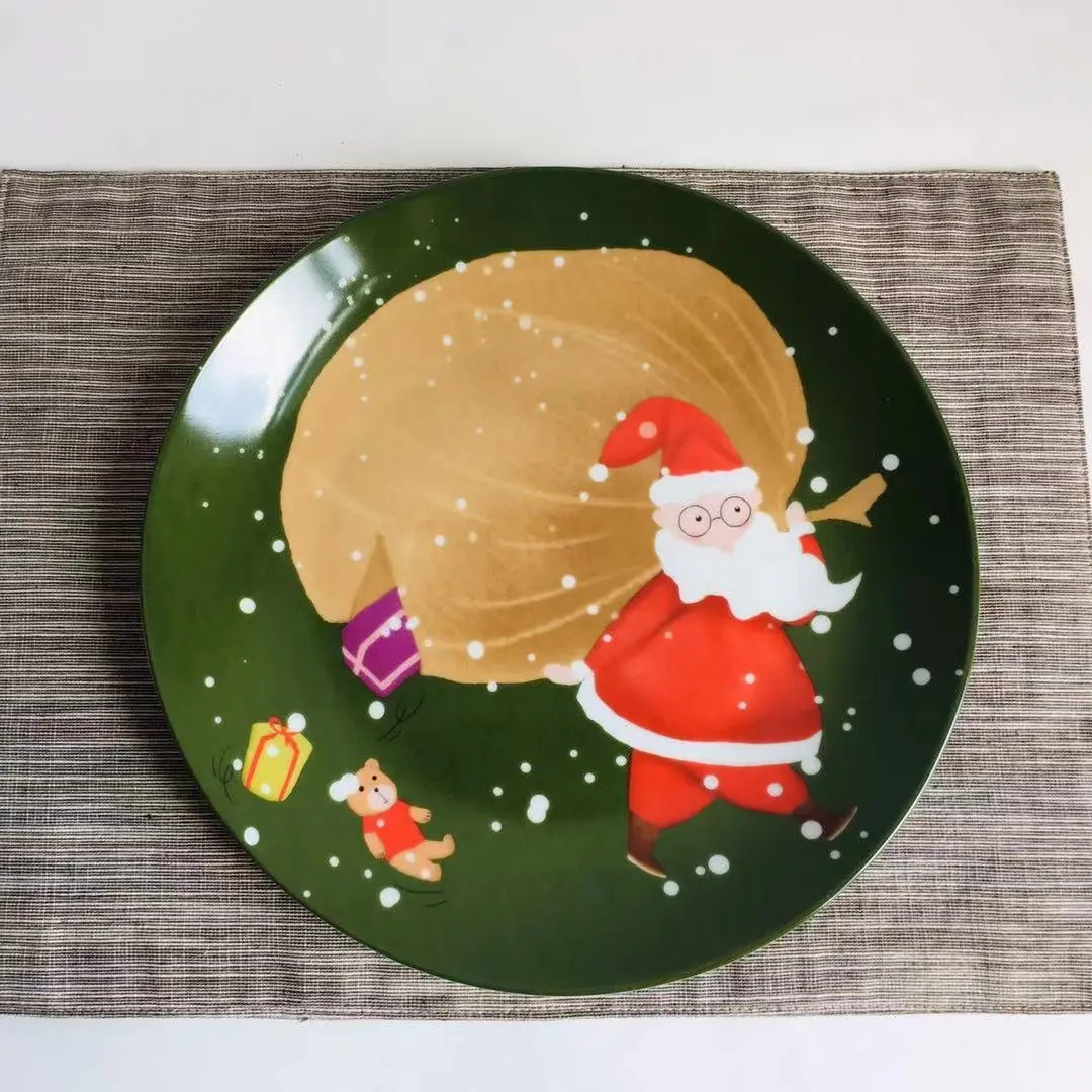 

Christmas Santa Claus Green Decorative Porcelain Plate Set Children Snack Pasta Home Tableware Set