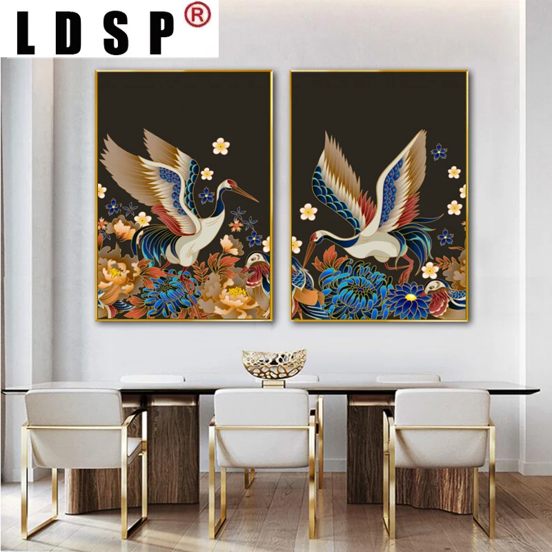 

LDSP Retro Crane Flower Posters Canvas Prints Animal Pictures Prints Abstract Wall Art Painting For Living Room Home Decor