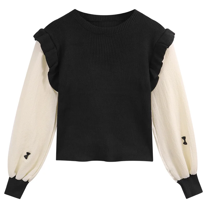 Женский трикотажный топ с оборками рубашка рукавом-фонариком и бантом на осень