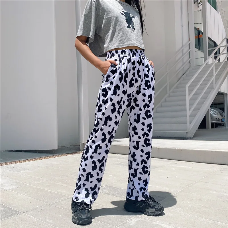 

Повседневные эластичные брюки с высокой талией и принтом молочной коровы для женщин 2020 весенние прямые свободные брюки Pantalon Femme длинные брю...