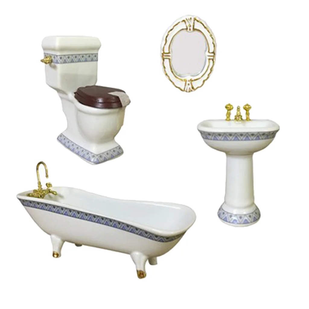 

4pieces Miniature Retro Ceramic Bathroom Furniture Set 1/12 Dollhouse Decor