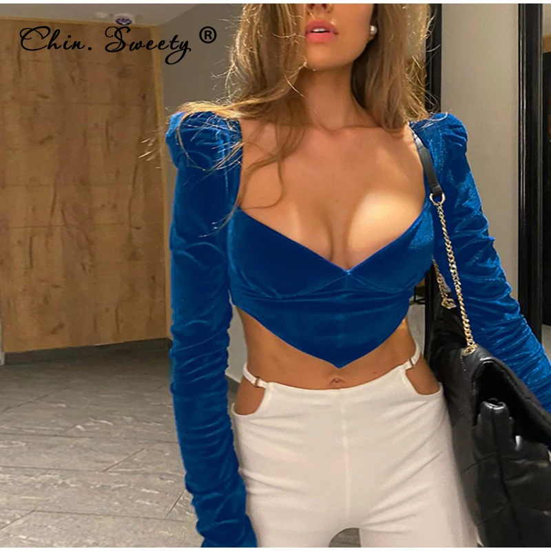 

Velvet V-Neck Sexy Low-cut Women Blouse Long Sleeve Irregular Cut Crop Backless Top Female 2022 Spring Streetwear Slim Jumper