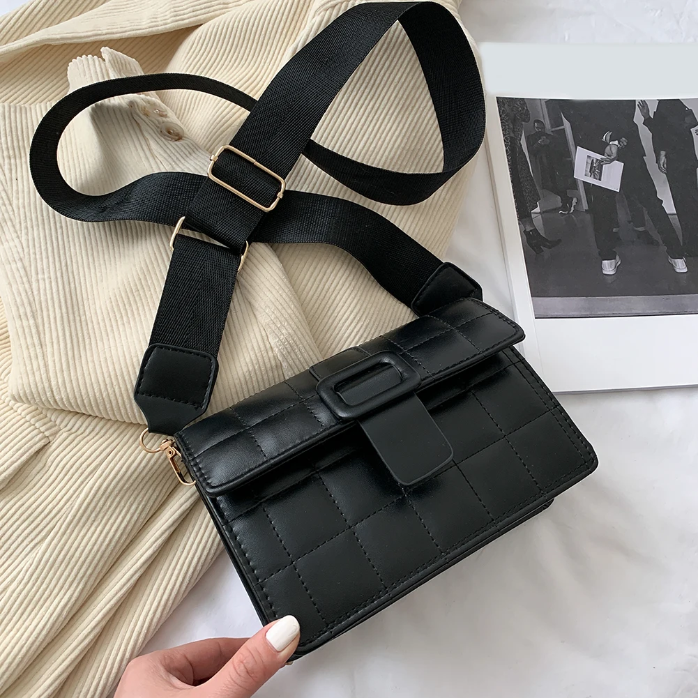 

2021 Lattice Pattern Wide Strap Shoulder Bag Women's Soft PU Leather Flap Bags Hasp Square Crossbody Female Travel Messenger Bag