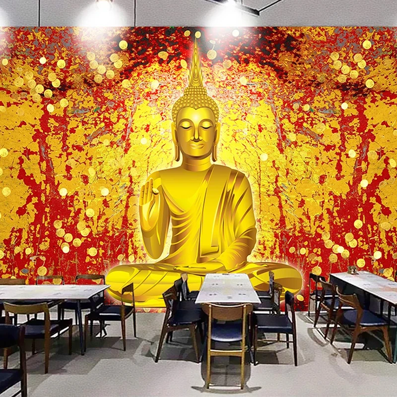 Пользовательские 3D фотообои золотая статуя Будды большая роспись кафе ресторан