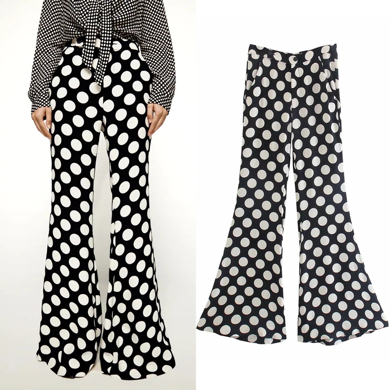 

Women Pants Za 2021 Polka Dot Flared Trousers Woman High Waist Loose Pants Sets Fashion Streetwear Y2k Vintage Trousers