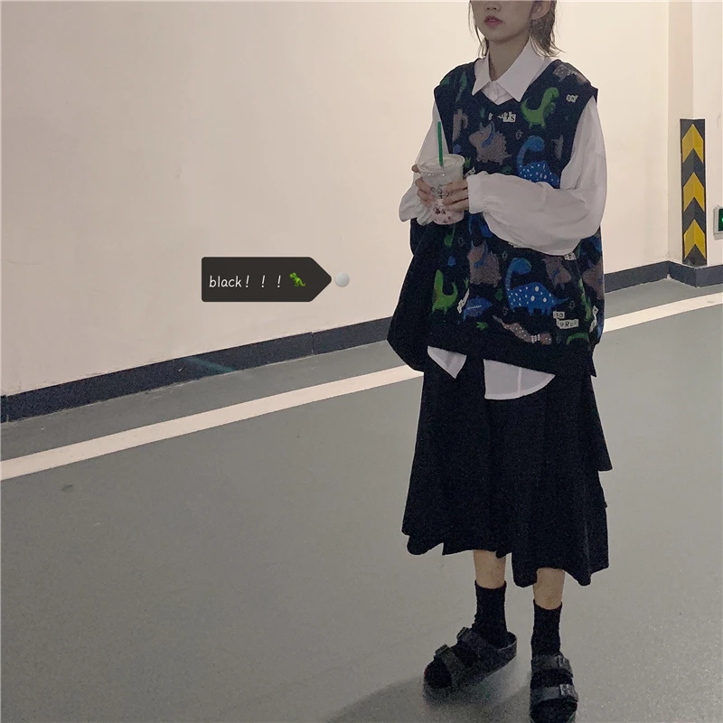 Woherb Женский вязаный жилет с v-образным вырезом Harajuku Kawaii с рисунком динозавра Женский Повседневный безрукавный вязаный жилет