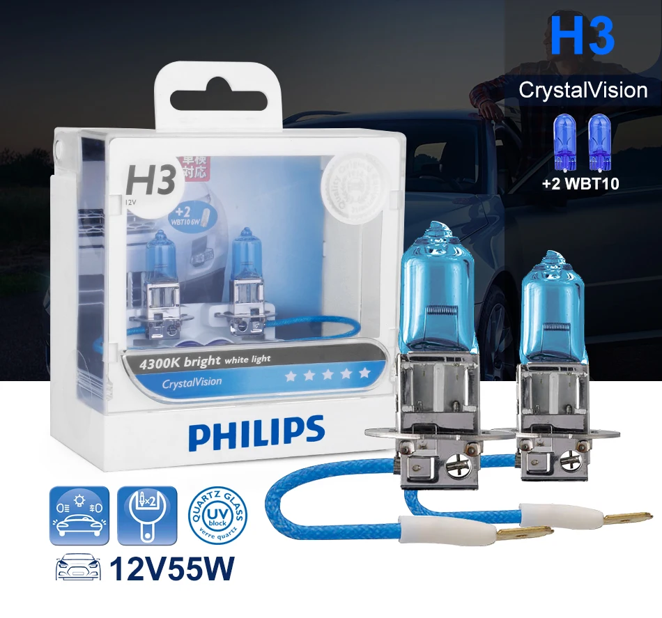 Philips h3 галогенный 55 Вт 12 В Crystal Vision 4300K яркий белый светильник, автомобильная лампа H3, головной светильник T10, подарок, оригинальные аксессуары для автомобиля, 2 шт