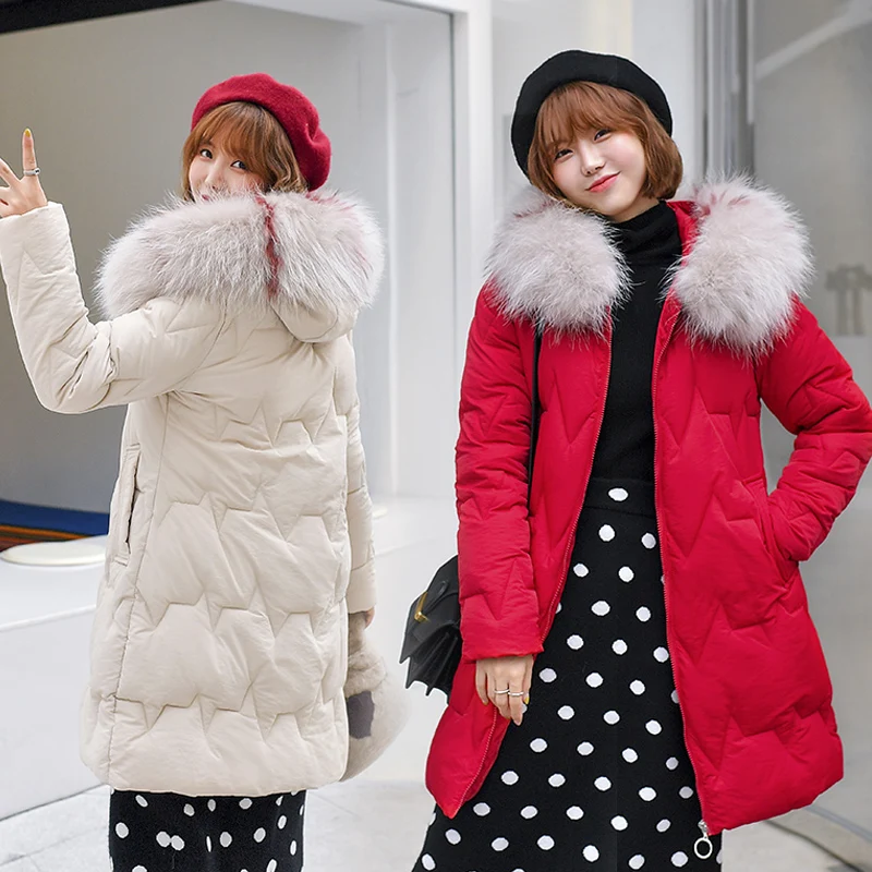 Женская длинная парка с воротником из искусственного меха на пуху х/б