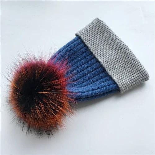 Blue-grey C Зимняя шапка, модная шапка с натуральным мехом, женские шапки с помпоном, кашемировый шерстяной вязаный берет, меховая шапка с помпоном, шапка с большим мехом енота - Цвет: Blue-grey C