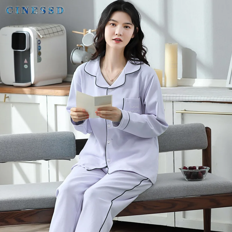 

2021 New Women's Cardigan Lapel Long Sleeve Trousers All Cotton Breathable Girls' Warm Home Clothes Autumn And Winter Suit