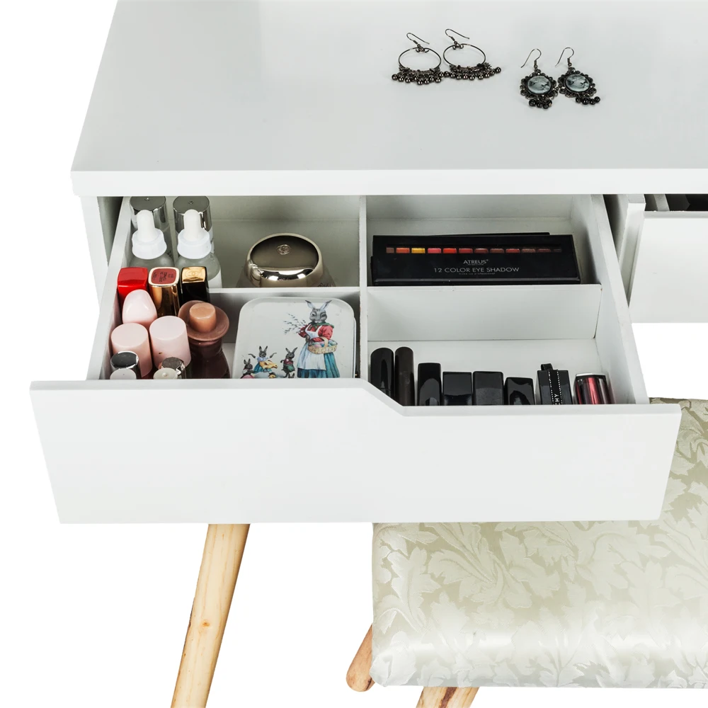 

Dressing Table with Single Round Mirror & 4 Drawers White