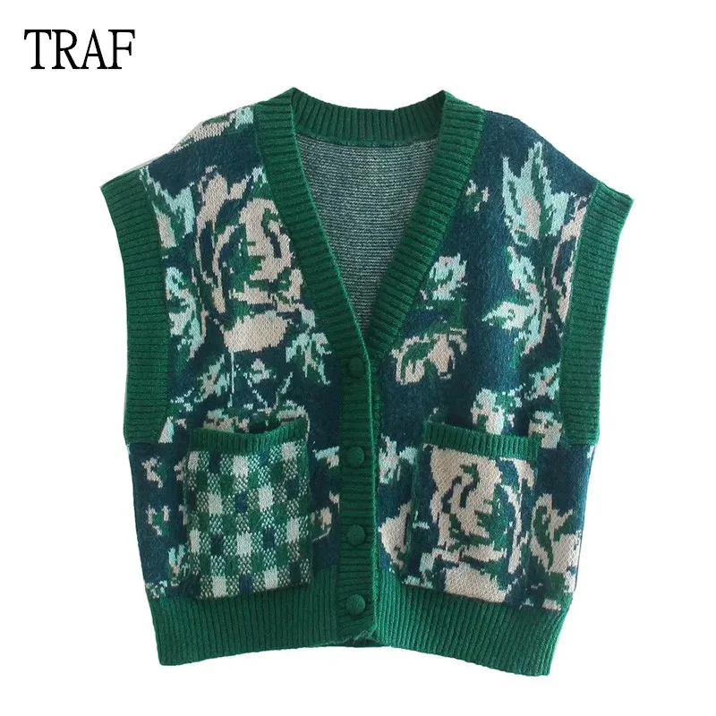 

TRAF Sweater Vest Women 2021 Autumn V Neck Sleeveless Vintage Jacquard Knitted Ladies Sweaters Vest Female Button Pocket Tops