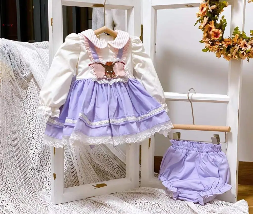 

2PCS Baby Girl Autumn Winter Long Sleeve Purple Turkish Spanish Vintage Princess Ball Gown Dress for Girl Christmas Party Casual