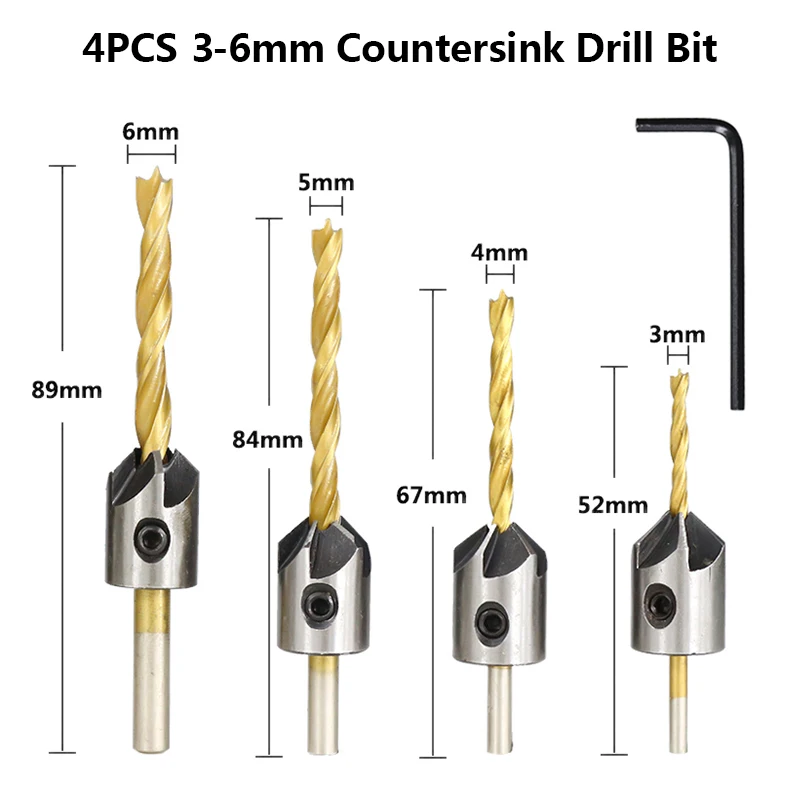 4pcs 3-6mm 4 шт./7 шт. HSS 3-10 мм Зенковка сверло набор титановое покрытие дерево сверло с шестигранным ключом фаска сверло - Цвет: 4pcs 3-6mm