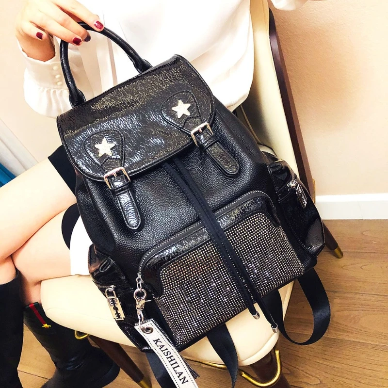 

Shining Rhinestone Women's Backpacks Desiigner Black Soft Leather Star Travel Mochila Feminina School Girls Sac Femme