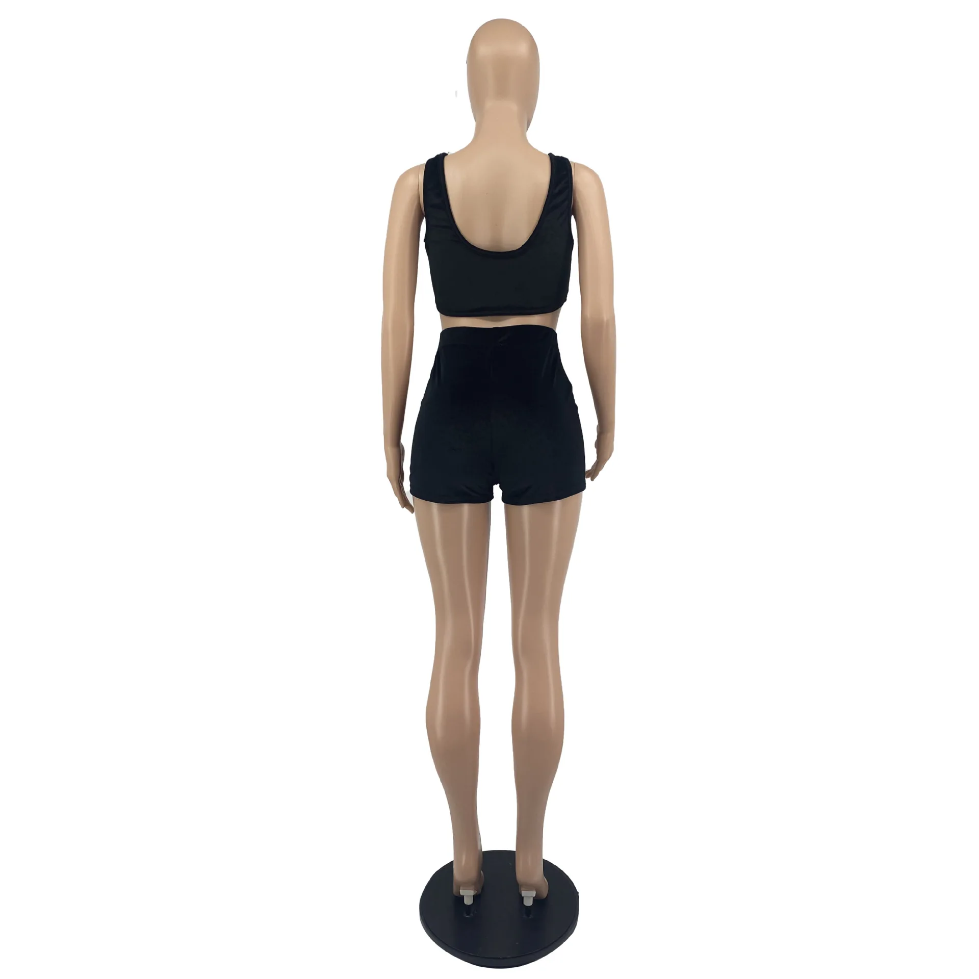 

Women Velvet Sexy Two Piece Set Sleeveless Tank Top drawstring Biker Short Solid Slim Clubwear Matching Sets