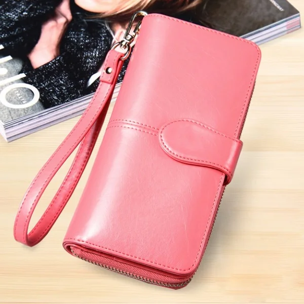 Pink ACELURE Solid Color Women Long Wallets Simple Style Zipper& Hasp Purse With Card Holder Oil Wax Pu Leather Ladies Daily Wallet - Цвет: Pink