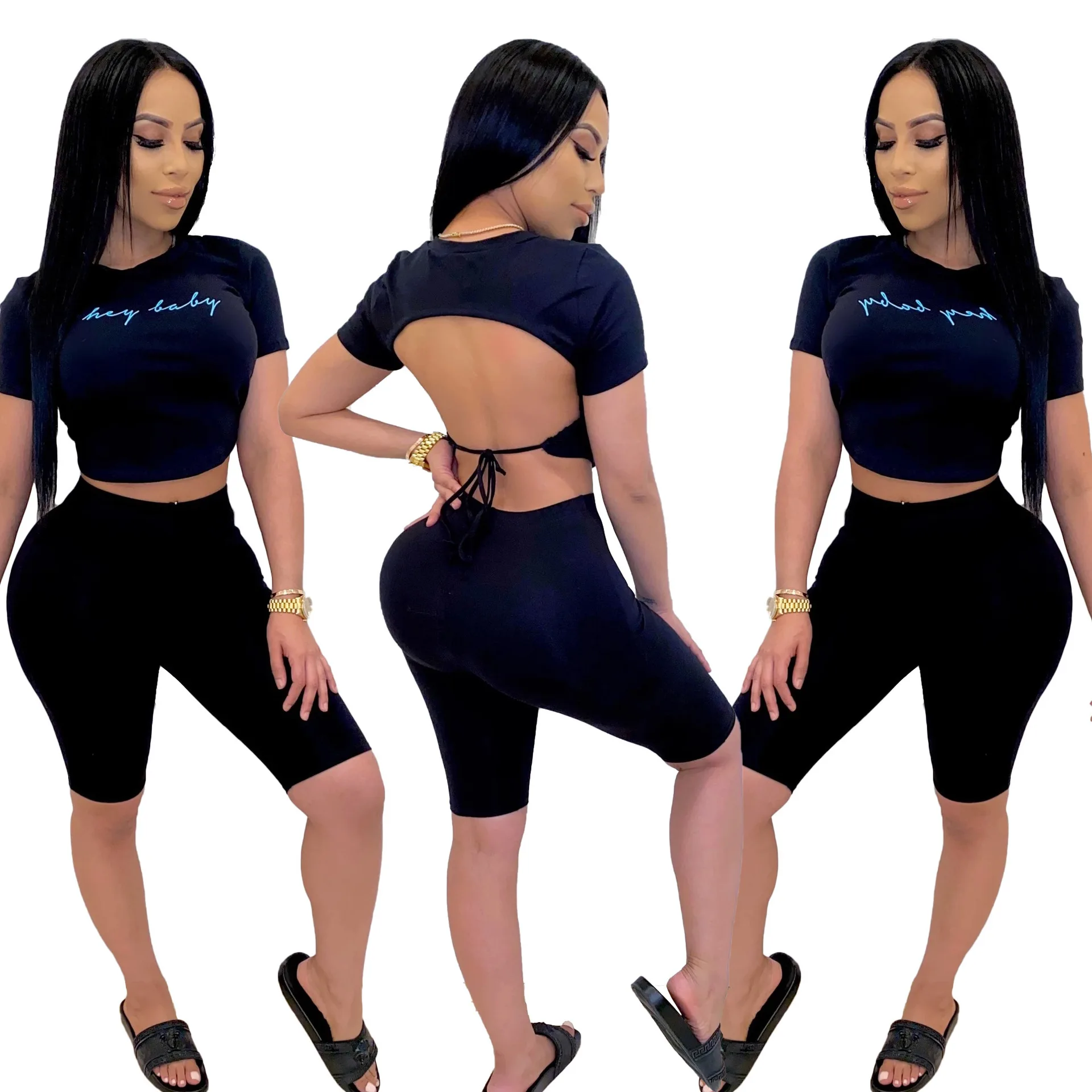 

Newon Casual Sportwear Two Piece Set Letter Print Short Tees T-shirt And Elastic Waist Knee-length Pants Femme Tracksuit