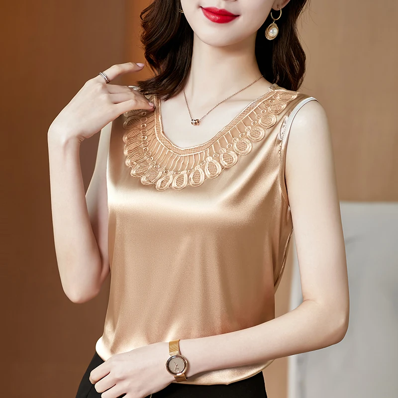 

Korean Fashion Silk Tank Top Women Satin Office Lady Tank Top Lace Solid Women Shirts Plus Size XXXL Clothing for Women