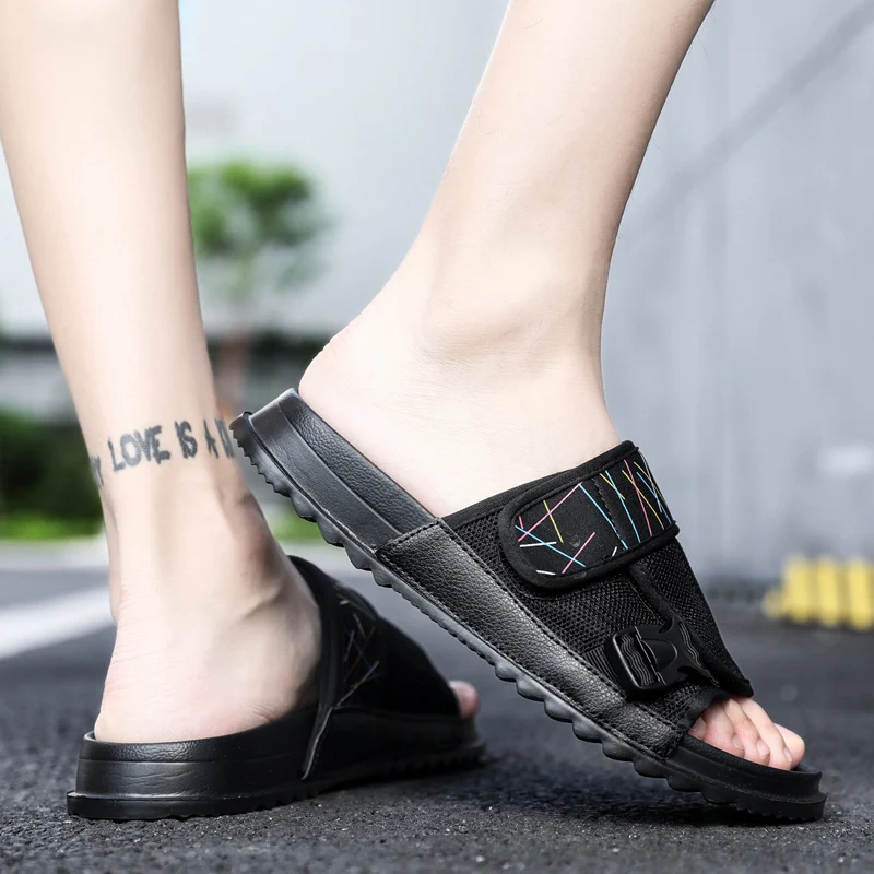 

Casual Men Canvas Slippers Summer Shoes Mens Sandals Outdoor Breathable Comfy Peep Toe Sandalias Hombre EVA Slippers Cool Red