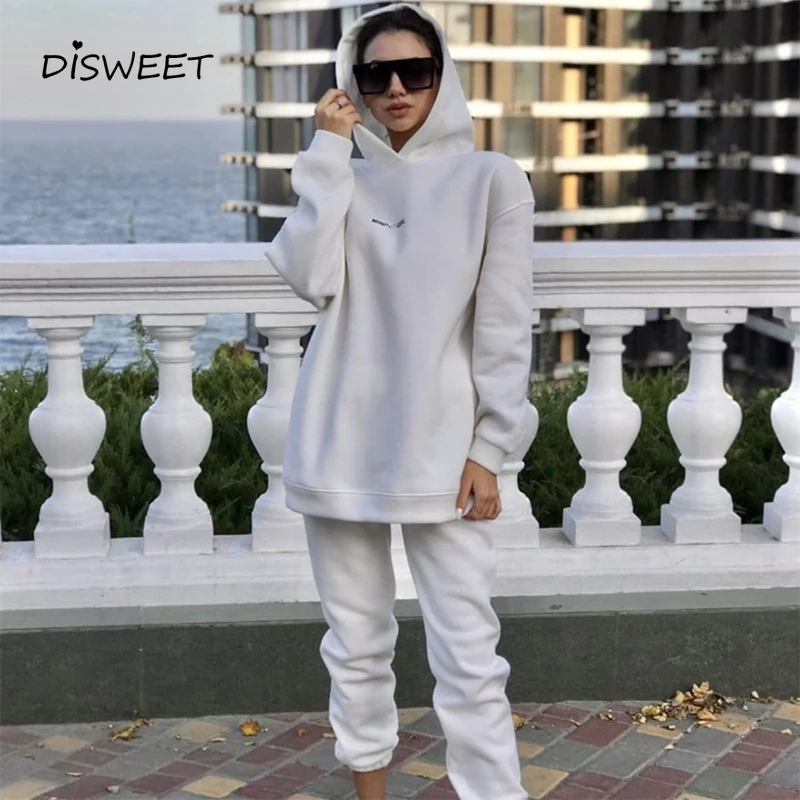 

Однотонный костюм с капюшоном, женская зимняя свободная спортивная одежда, повседневный Тонкий теплый комплект из двух предметов с буквенн...