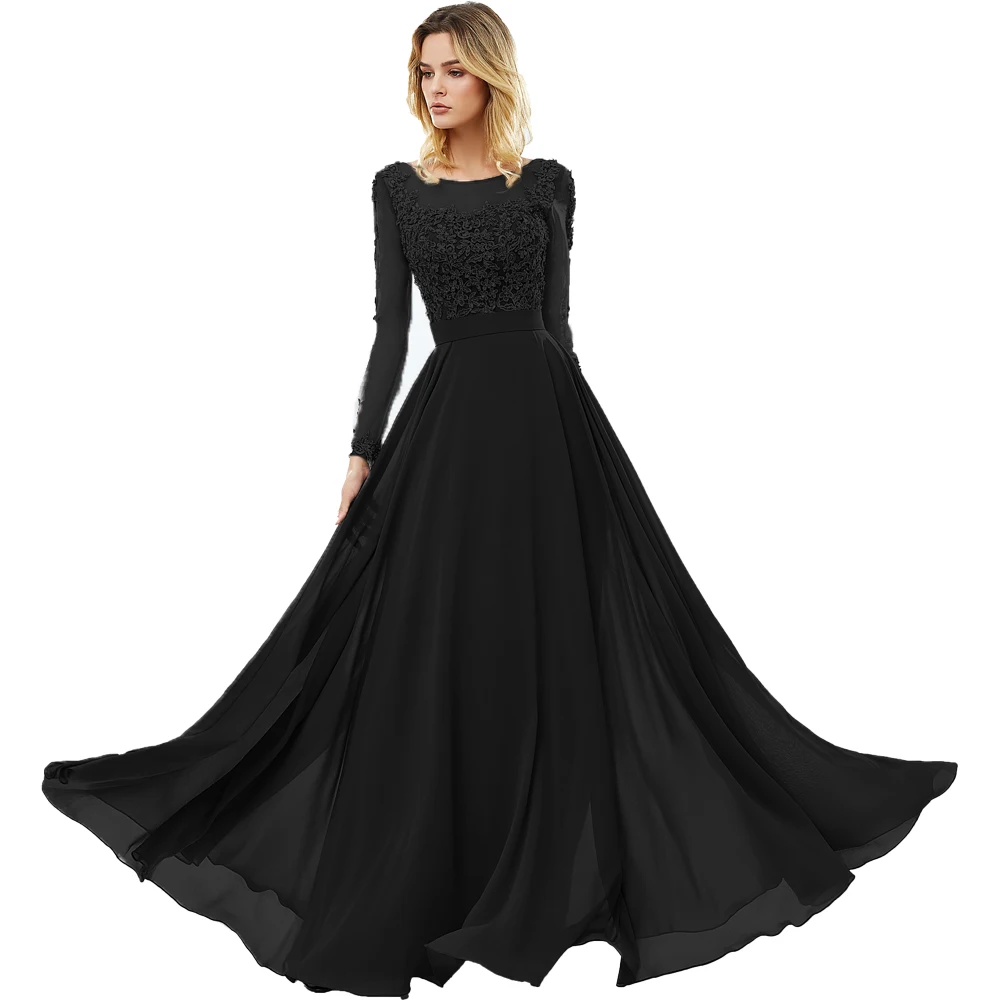 Черный Vestido de festa, серое шифоновое длинное вечернее платье, сексуальное, с открытой спиной, с длинными рукавами, кружевное платье для выпускного вечера, Vestido Longo - Цвет: Черный