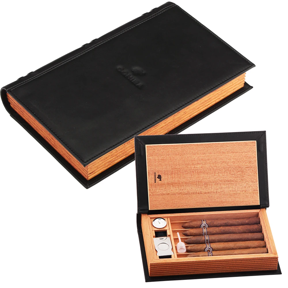 COHIBA гаджеты Сигары Кожаный чехол для хранения табака портативный 5 хьюмидор для сигар держатель с увлажнитель с гигрометром резак
