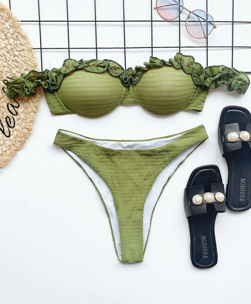 

2021 Army Green Off Shoulder Bikini Female Ruffeld Swimsuit Women Swimwear Mid Waist Bather Bathing Suit Swim