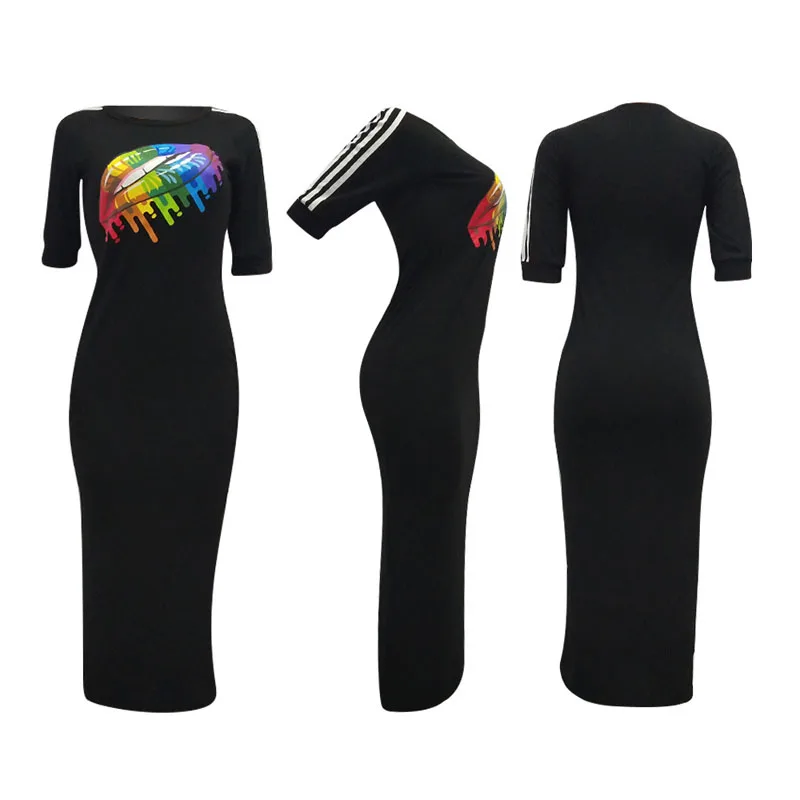 Повседневное Для женщин Bodycon платье летние модные разноцветные радужные губы офсетная печать обхват талии, обхват бедер, ужин платья для Для женщин vestidos mujer