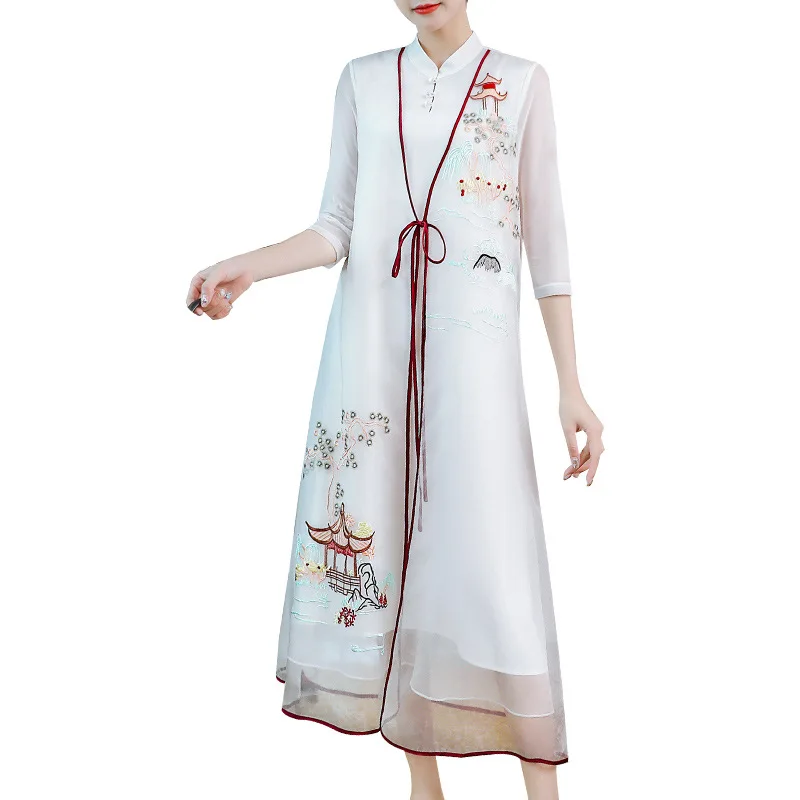 

Piece Dress One 2021 Spring Summer Vintage Party Elegant Dresses Women Organza Embroidery Deco Mid-Calf Length White Dress XXL