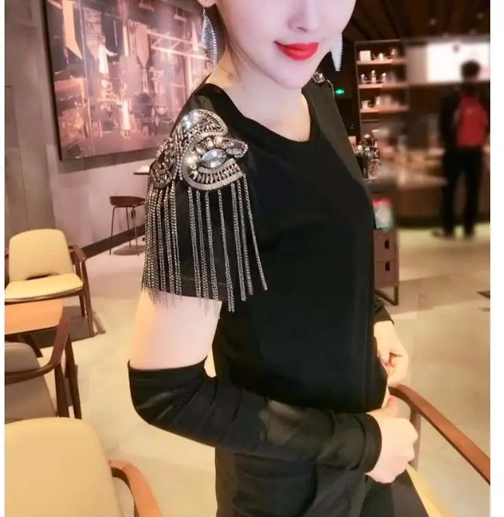 Женская Черная футболка с длинным рукавом и V образным вырезом|Футболки| |