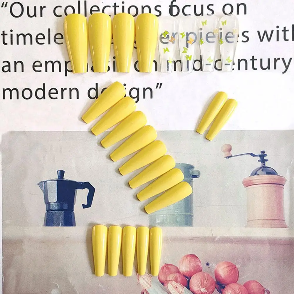 Yellow Butterfly Fake Nails Summer Elegant Press On Nail Manicure False Tips Long Coffin Cover Nails Artificial Full Z1D4