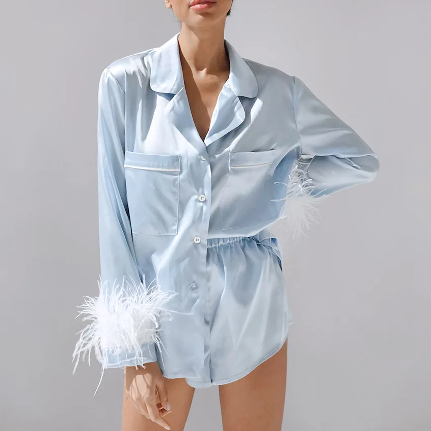 

Women Stain Pajama Sets Elegant Silk Like Long Sleeve Cuff with Feather Top and Shorts Nightwear Ladies Homewear Loungewear