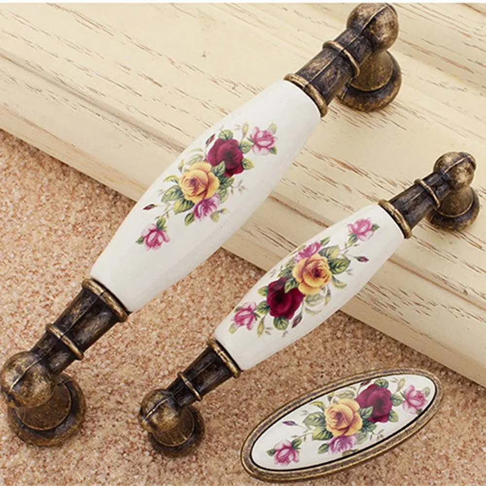 Винтажный керамический дверные ручки Сельский цветок белый бронза мебельная