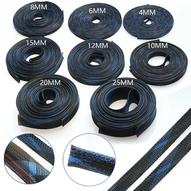 

5M Braided Cable Sleeve Blue&Black 2/4/6/8/10/12/15/20/25mm PET Nylon High Density Sheathing Insulation Wire Cable Protecting