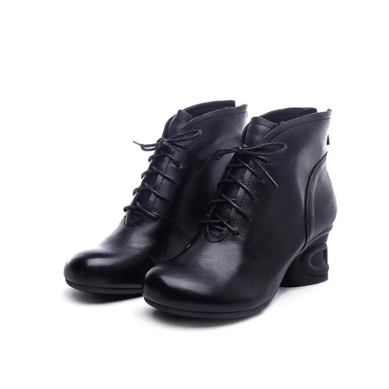 

Retro short boot women 2019 autumn winter new leather high-heeled waterproof casual women's boots round head lace-up Martin boot
