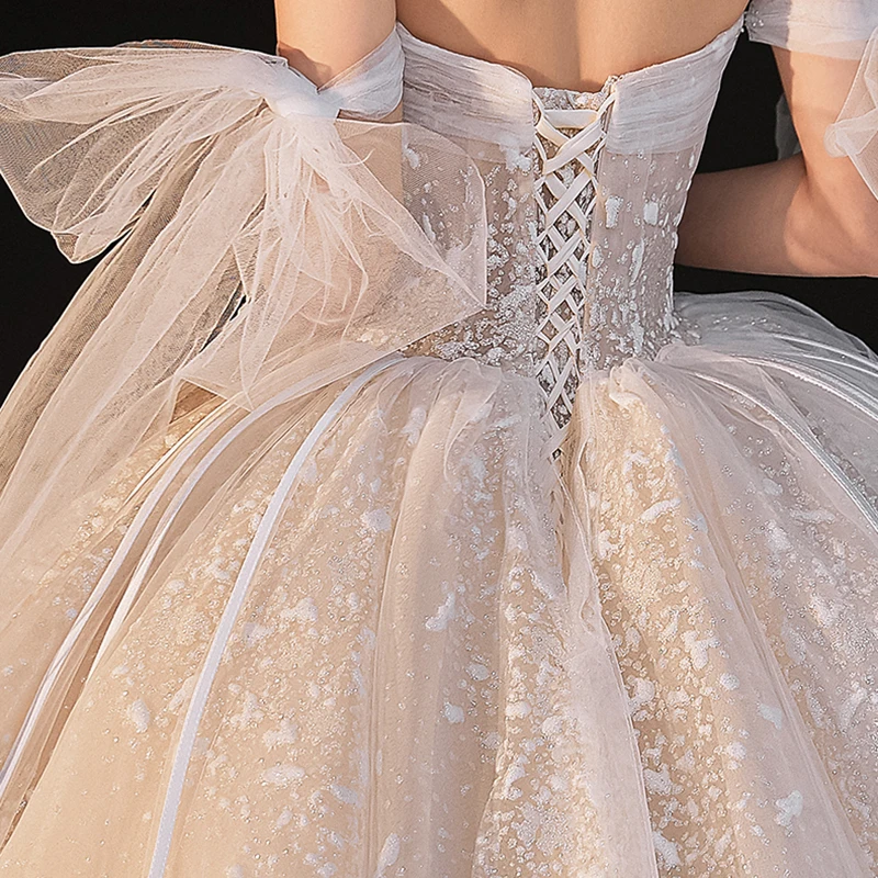 

Wedding Dress Strapless Bow Sleeveless Bling Ruched Ball Gown Elegant Simple Appliques Lace up New Long Women Bride Dresses B084