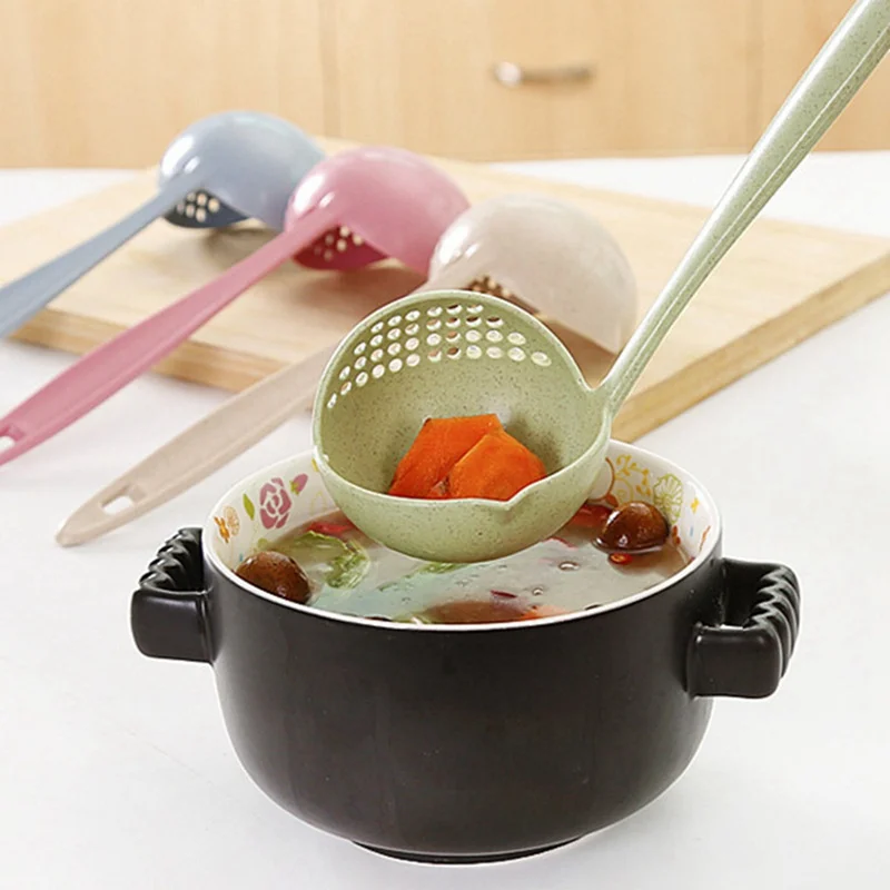 

New Soup Spoon Long Handle Kitchen Strainer Solid Color Cooking Colander Kitchen Scoop Plastic Tableware Colander Hot
