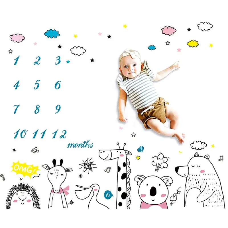 

2021 Baby Monthly Record Growth Milestone Blanket Newborn Cute Animal Pattern Cloth A2UB