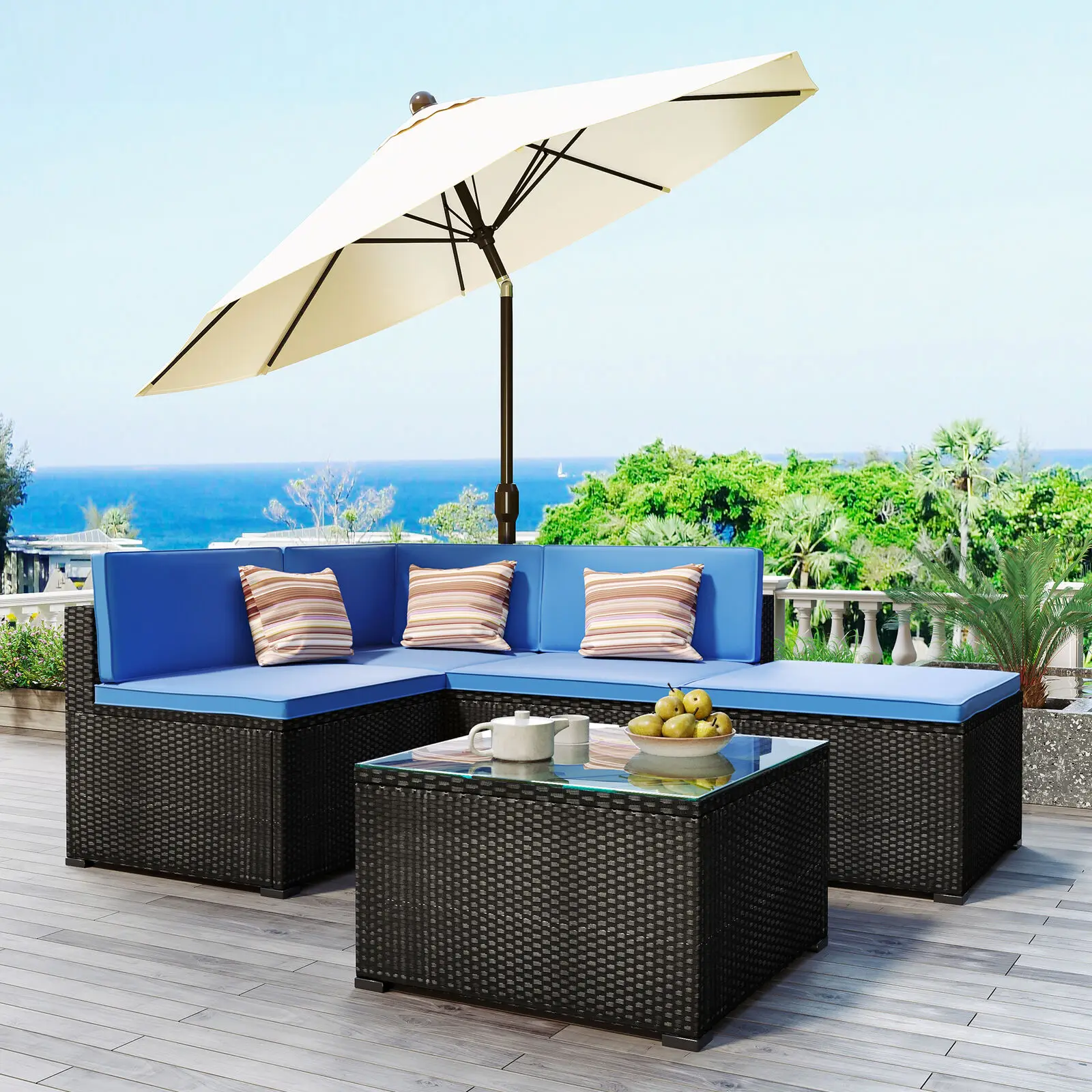 

Waterproof 5-piece Sectional Sofa Chair Patio Rattan Pe Wicker Furniture Corner Sofa Set Garden Outdoor Combined Sofa Furniture