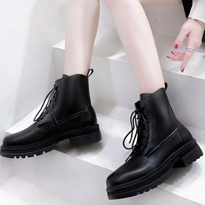 

Женские мотоциклетные ботинки из искусственной кожи, на шнуровке, на платформе, с круглым носком, на квадратном каблуке, повседневные ботил...